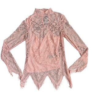 Y2K Bebe Peach Lace Mock Neck Handkerchief Hem Top XS Whimsical Festival Boho